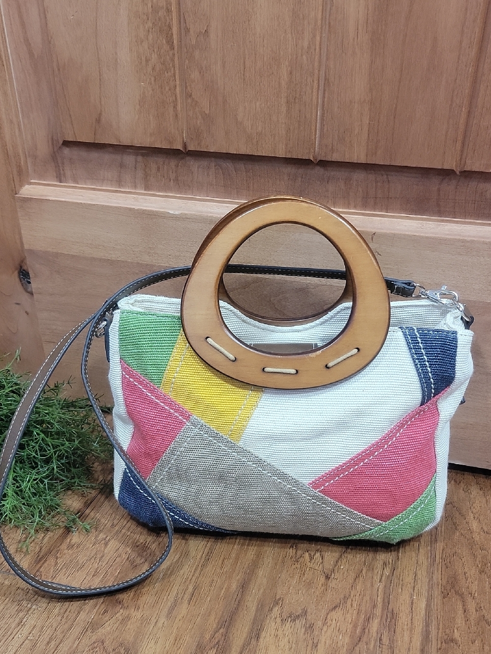 Colorblock Multicolor Women's Shoulder Bag with Wooden Handles